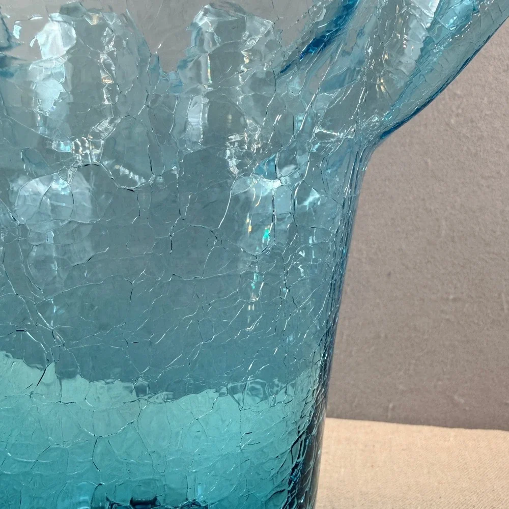 Bischoff Peacock Blue Glass‎ Crackle Vase Ruffled Rim 11